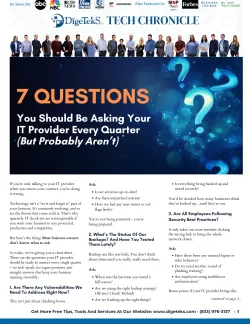 Digital flyer showing 7 questions for IT providers with a diverse team and tech-themed question marks background.