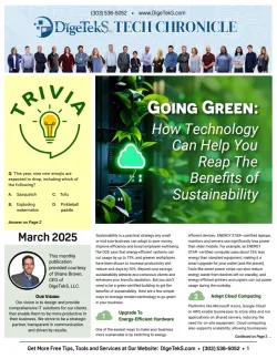 A tech newsletter featuring articles on sustainability and cloud computing benefits.