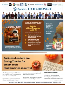 November 2025 Tech Chronicle newsletter cover featuring AI webinar invitation and cybersecurity tips for business leaders.