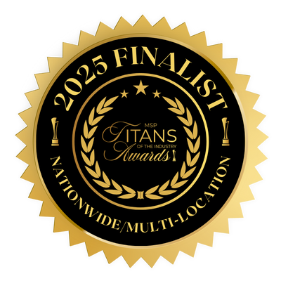 Gold and black seal showing 2025 finalist for MSP Titans of the Industry Awards nationwide multi-location category.
