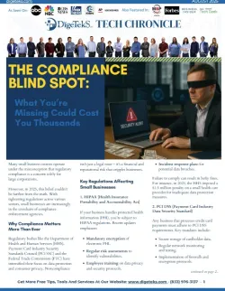 Blindfolded man at laptop with security alert, highlighting compliance risks and regulations for small businesses.