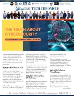 Magazine cover about cybersecurity myths every business leader should know with a magnifying glass on circuit board.