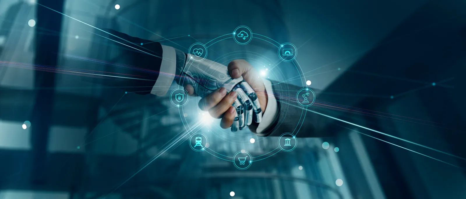 Human hand shaking robotic hand with digital technology and network icons surrounding them.