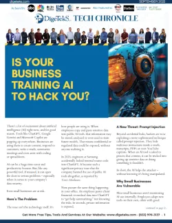 Tech Chronicle cover asking if business training AI can hack you, featuring AI robot and diverse team photo.