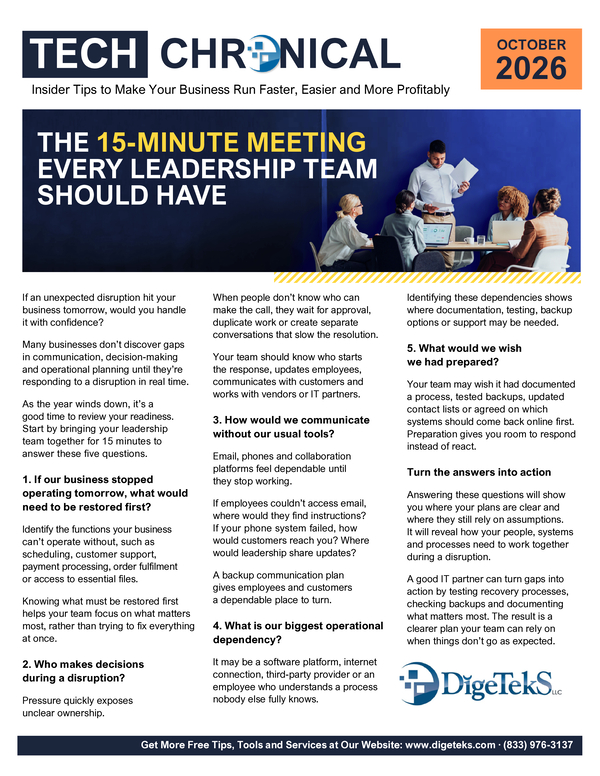 DigeTekS Tech Chronicle October 2026 newsletter cover on the 15-minute leadership meeting